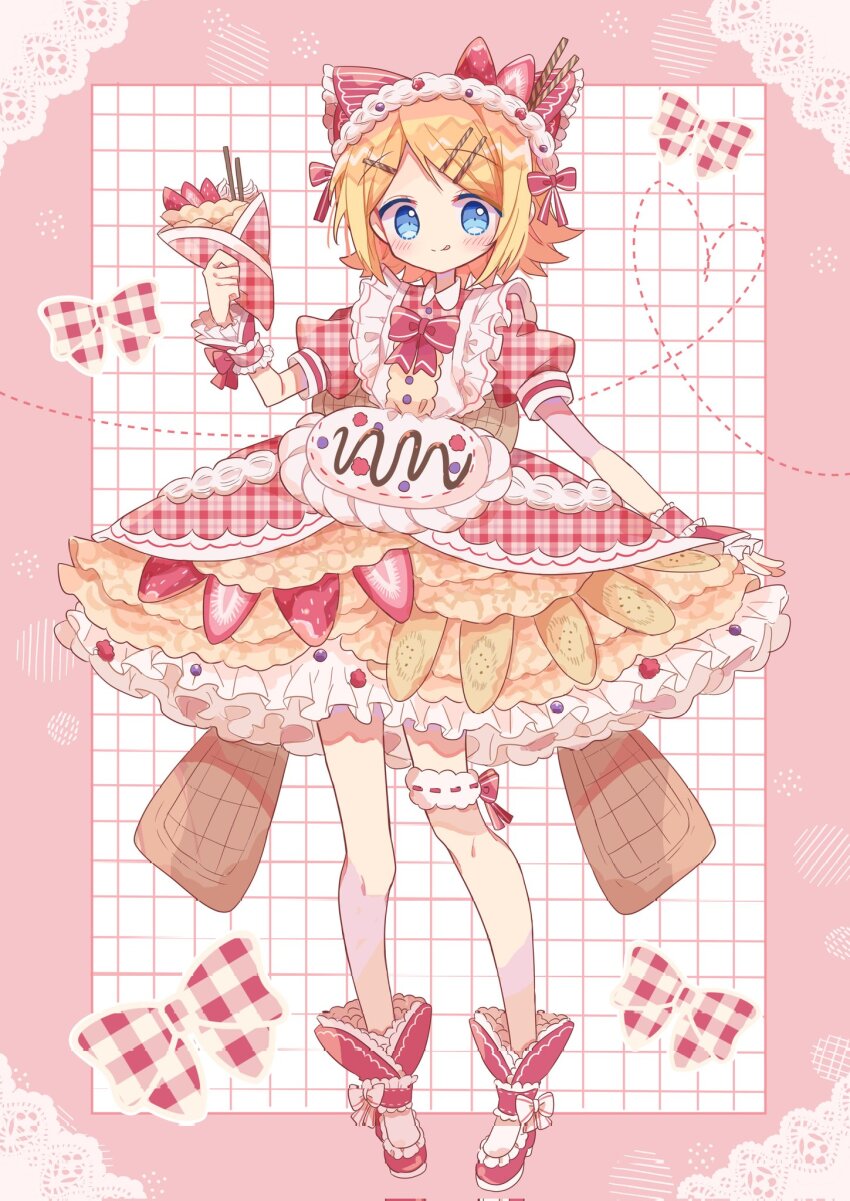 1girl alternate_costume apron blonde_hair blue_eyes blush border bow crepe dress food food-themed_clothes frilled_dress frills fruit full_body futaba969649 hair_ornament hairband hairclip highres holding_crepe holding_food kagamine_rin legband looking_at_viewer medium_hair pink_border red_bow red_dress red_footwear simple_background smile solo standing strawberry strawberry_slice vocaloid wafer_stick white_apron white_background white_bow