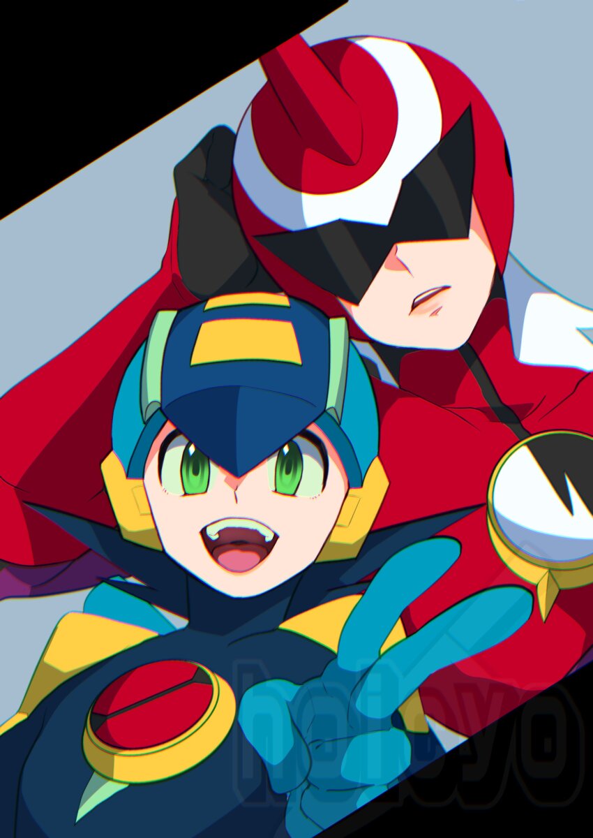 2boys absurdres armor artist_name assault_visor black_hair blue_bodysuit blue_helmet bodysuit green_eyes helmet highres hoicyo long_hair looking_at_viewer male_focus mega_man_(series) mega_man_battle_network_(series) megaman.exe multiple_boys netnavi open_mouth protoman.exe red_armor red_helmet short_hair smile teeth tongue upper_teeth_only v white_hair
