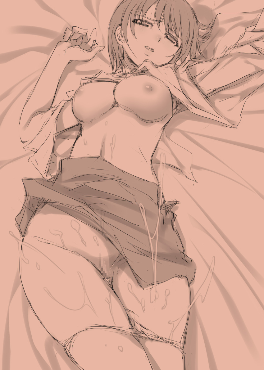 1girl absurdres aftersex breasts clothes_lift cum cum_on_body highres large_breasts looking_at_viewer lyrical_nanoha mahou_shoujo_lyrical_nanoha_strikers mikazuki_akira! military_uniform monochrome nipples no_bra open_mouth panties panty_pull pussy shirt_lift solo takamachi_nanoha tsab_air_military_uniform underwear