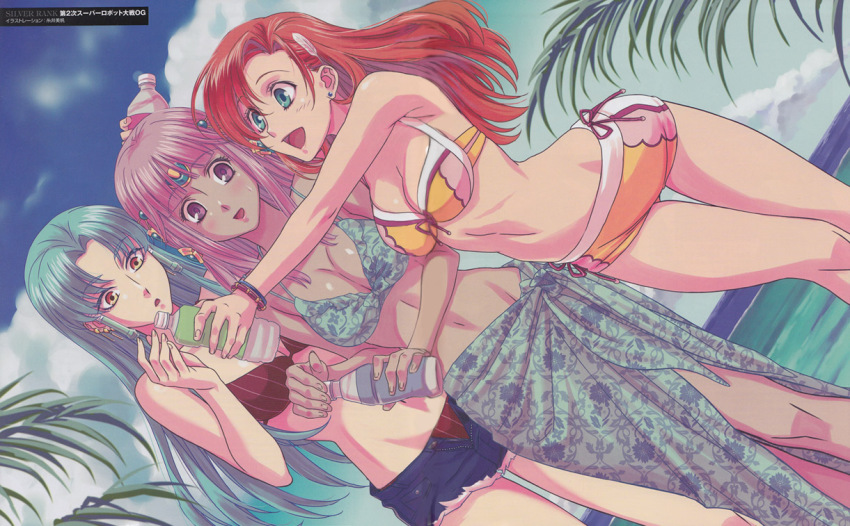 3girls aqua_hair ariel_org banpresto bare_legs bare_shoulders beach bikini bikini_skirt bikini_top_only bottle bracelet breasts cleavage cliana_rimskaya cloud dark-skinned_female dark_skin denim denim_shorts earrings glacies green_eyes hair_ornament jewelry long_hair multiple_girls navel ocean open_mouth orange_eyes orange_hair pink_eyes pink_hair purple_eyes purple_hair real_robot_regiment sarong short_shorts shorts skirt sky smile super_robot_wars super_robot_wars_destiny super_robot_wars_original_generation swimsuit the_2nd_super_robot_wars_og thigh_gap thighs water water_bottle yellow_eyes