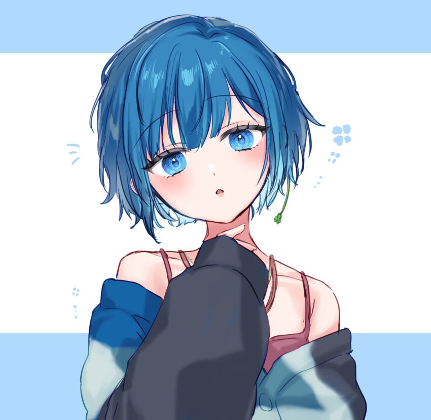 1girl :o bare_shoulders blue_background blue_eyes blue_hair blunt_bangs blush brown_camisole camisole clover_earrings collarbone hand_up hashtag-only_commentary head_tilt highres jacket jewelry kiritani_haruka looking_at_viewer multicolored_jacket necklace off_shoulder official_alternate_costume official_alternate_hairstyle parted_lips project_sekai sabata_han short_hair sidelocks sleeves_past_wrists two-tone_background upper_body white_background zozotown