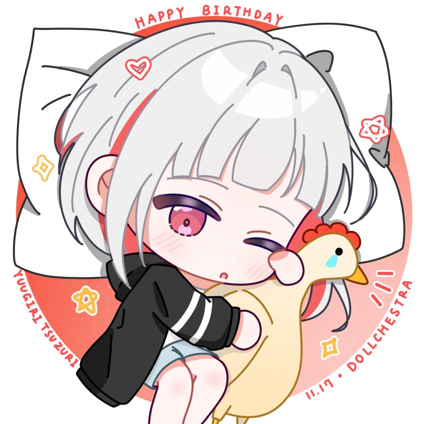 1girl ;o black_jacket blush bob_cut border character_name chibi chibi_only colored_inner_hair commentary_request diagonal_bangs feet_out_of_frame grey_hair group_name hair_intakes happy_birthday head_on_pillow highres hugging_object inverted_bob jacket kurokawa_aki link!_like!_love_live! loungewear love_live! multicolored_hair notice_lines official_alternate_costume one_eye_closed open_clothes open_jacket open_mouth outside_border pillow pink_eyes red_background red_hair round_image shirt short_hair solo split_mouth streaked_hair stuffed_animal stuffed_duck stuffed_toy virtual_youtuber white_border white_shirt yugiri_tsuzuri yugiri_tsuzuri_(summer_loungewear)