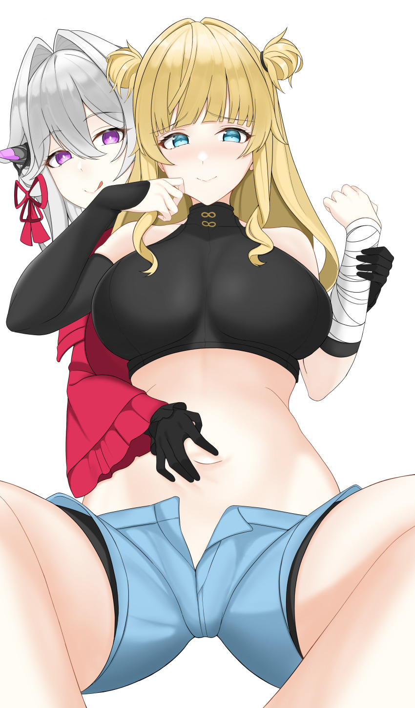 2girls absurdres blonde_hair blue_eyes filmxd fingerless_gloves gloves green_eyes highres honkai_(series) honkai_impact_3rd long_hair multiple_girls navel pink_eyes purple_eyes songque songque_(astralop) thelema_nutriscu thelema_nutriscu_(mad_pleasure:_shadowbringer) tongue tongue_out white_hair yuri