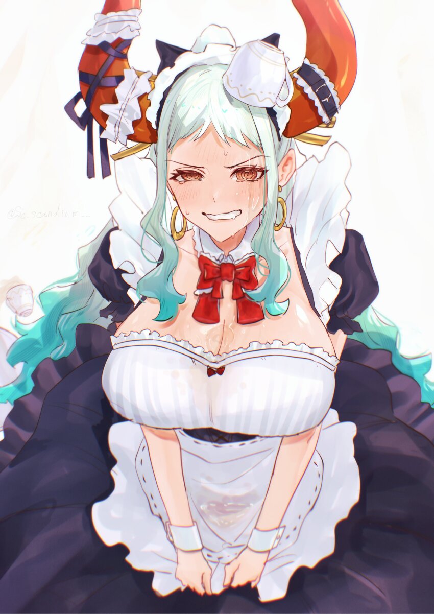 1girl @_@ absurdres alternate_costume apron blush bow bowtie breasts bust_cup cleavage commentary_request cup curved_horns detached_collar dress drink drooling earrings enmaided forehead_blush green_hair hair_ornament hair_stick half-closed_eye highres horn_belt horn_scrunchie horns huge_breasts jewelry large_breasts long_hair maid maid_apron maid_headdress mouth_drool object_on_head one_piece oni parted_lips red_bow red_bowtie red_eyes red_horns sc_scandium scrunchie short_sleeves sitting solo spill v-shaped_eyebrows very_long_hair waist_apron wavy_mouth wet wet_clothes wet_face wet_hair wrist_cuffs yamato_(one_piece)