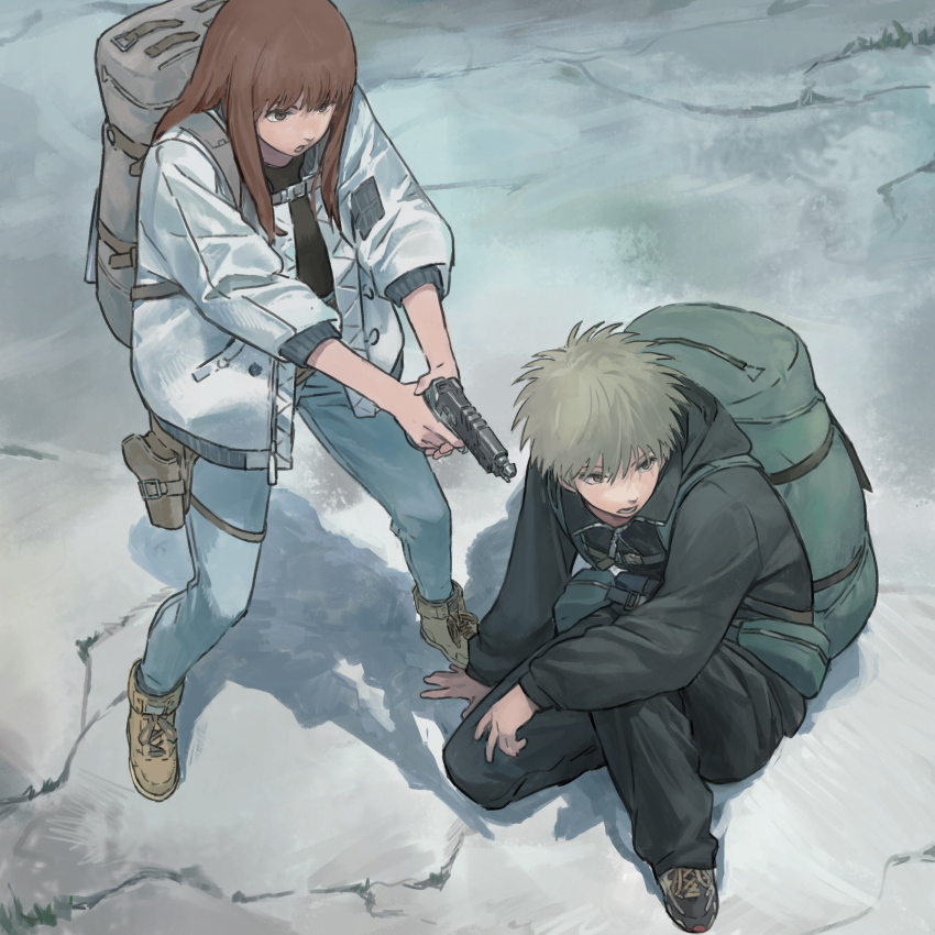 1boy 1girl absurdres arm_support backpack bag black_hoodie black_jacket black_pants black_shirt blue_pants bomber_jacket brown_eyes brown_footwear brown_hair chenrong96 denim finger_on_trigger from_above grey_hair gun high_tops highres holding holding_gun holding_weapon holster hood hoodie jacket jeans kiruko_(tengoku_daimakyou) long_hair maru_(tengoku_daimakyou) open_clothes open_jacket open_mouth pants pouch shirt shirt_tucked_in shoes sidelocks sneakers spiked_hair squatting tengoku_daimakyou thigh_holster weapon white_jacket