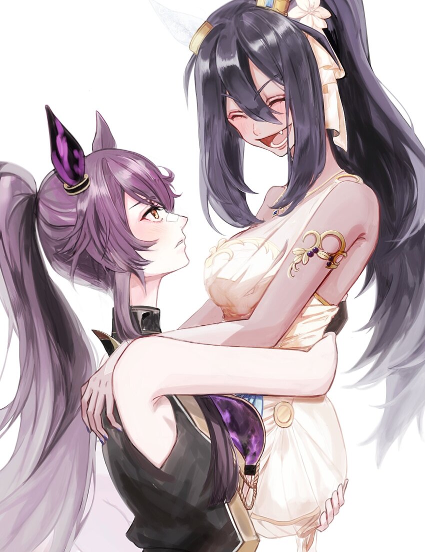 2girls ^_^ aiguillette animal_ears armlet artist_request bandaid bandaid_on_face bandaid_on_nose bare_shoulders black_hair black_jacket bow breasts closed_eyes collared_jacket commentary_request cowboy_shot dress ear_covers ear_ornament expressionless eyelashes fang flower gold_armlet hair_between_eyes hair_bow hair_flower hair_ornament hand_on_another&#039;s_shoulder happy high_collar highres hishi_amazon_(hungry_veil)_(umamusume) hishi_amazon_(umamusume) horse_ears horse_girl interracial jacket jewelry large_breasts lifting_person light_blush long_hair long_hair_between_eyes looking_at_another lower_teeth_only multiple_girls nail_polish narita_brian_(hungry_wolves)_(umamusume) narita_brian_(umamusume) official_alternate_costume open_mouth parted_lips ponytail purple_hair purple_nails purple_shirt second-party_source shirt simple_background single_ear_cover single_strap sleeveless sleeveless_dress sleeveless_jacket smile teeth umamusume very_long_hair white_background white_bow white_dress white_flower yellow_eyes yuri