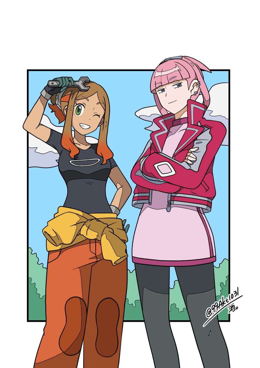 2girls 99akt1031 absurdres black_shirt blunt_bangs closed_mouth cloud day dress earrings eyelashes gloves green_eyes grin hand_on_own_hip highres holding holding_wrench jacket jewelry looking_at_viewer mollie_(pokemon) multiple_girls nintendo one_eye_closed orange_pants orla_(pokemon) outdoors pants pantyhose parted_bangs pink_dress pink_hair pokemon pokemon_(anime) pokemon_horizons shirt short_sleeves sky smile t-shirt teeth twintails twitter_username wrench