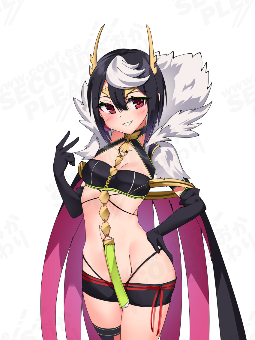 1girl absurdres ariel_(kumo_desu_ga_nani_ka?) black_gloves black_hair black_shorts breasts cape commentary copyright_request cowboy_shot cowfee elbow_gloves english_commentary gloves grin groin hair_between_eyes hand_on_own_hip highres inward_v kumo_desu_ga_nani_ka? looking_at_viewer micro_shorts multicolored_hair parted_lips red_eyes short_hair shorts simple_background small_breasts smile solo two-tone_hair v watermark white_background white_hair