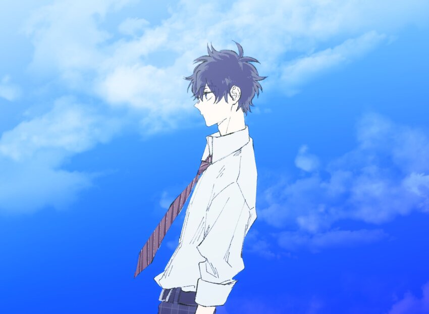 1boy alternate_costume belt black_hair blue_eyes blue_sky checkered_clothes checkered_pants closed_mouth cloud collared_shirt facing_to_the_side from_side male_focus necktie pants shirt sky solo striped_necktie urup_zzz white_shirt