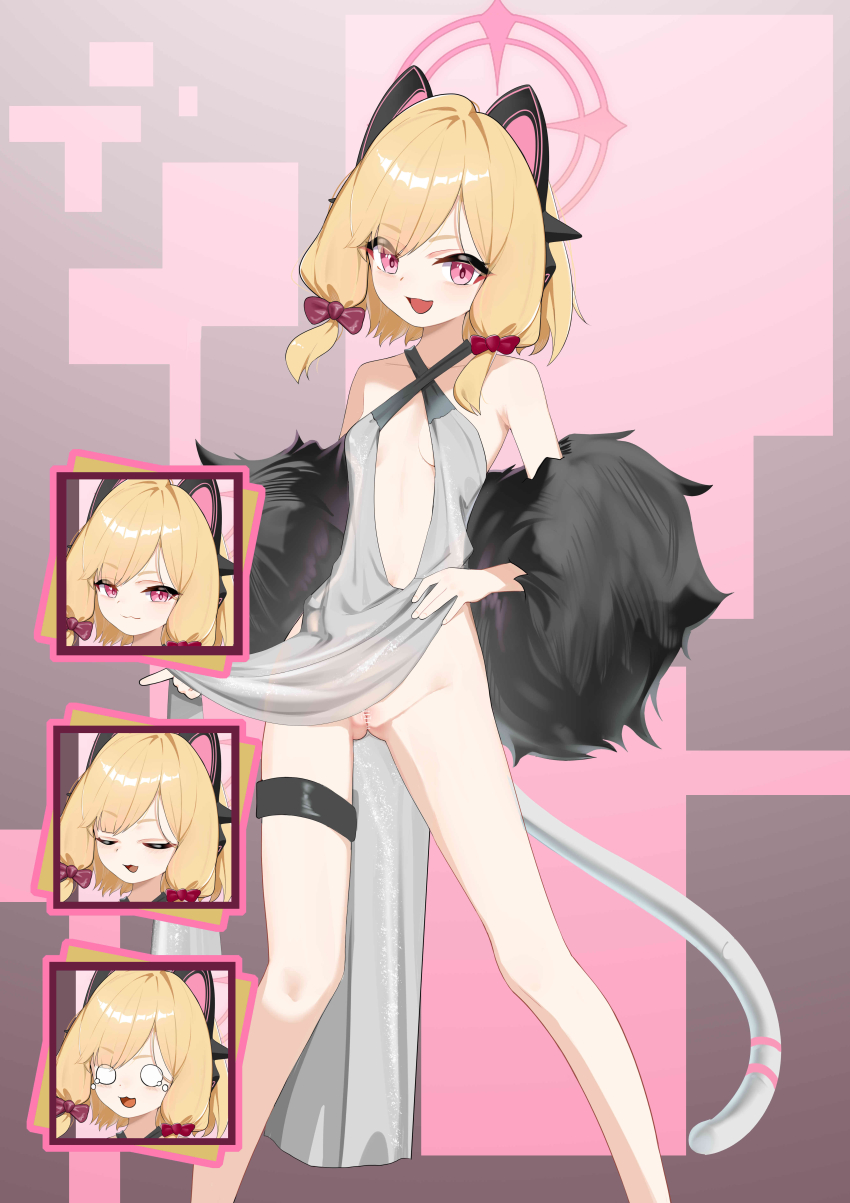 1girl absurdres alternate_costume animal_ear_headphones animal_ears bar_censor bare_shoulders blonde_hair blue_archive bow breasts breasts_apart cat_ear_headphones cat_tail censored chinese_commentary clitoral_hood clothes_lift commentary_request cowboy_shot criss-cross_halter dress evening_gown fake_animal_ears hair_bow halo halter_dress halterneck headphones highres legs_apart lifting_own_clothes loli looking_at_viewer marshal_(artist) mechanical_tail medium_hair momoi_(blue_archive) multiple_expressions no_panties open_mouth pelvic_curtain pelvic_curtain_lift pink_eyes pussy red_bow silver_dress small_breasts smile standing tail thigh_gap thigh_strap