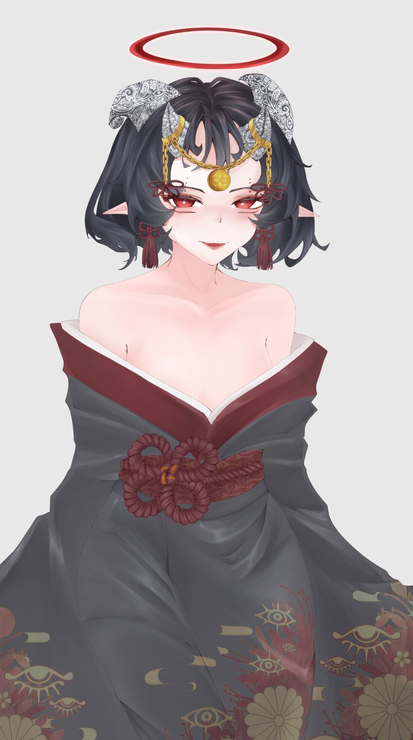 +_+ 1girl absurdres black_hair halo higan_(sarujigu) highres horn_ornament horns japanese_clothes jewelry kimono looking_at_viewer makeup open_clothes open_kimono original pointy_ears red_eyes red_halo sarujigu short_hair simple_background smile
