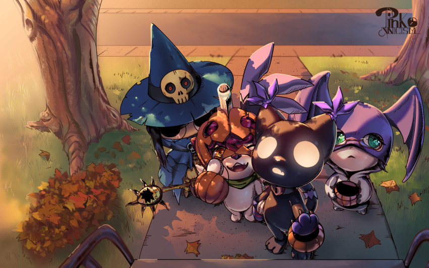 blacktailmon blacktailmon_(cosplay) cosplay digimon halloween halloween_costume highres looking_at_viewer pumpmon pumpmon_(cosplay) tukaimon tukaimon_(cosplay) wings wizarmon wizarmon_(cosplay)