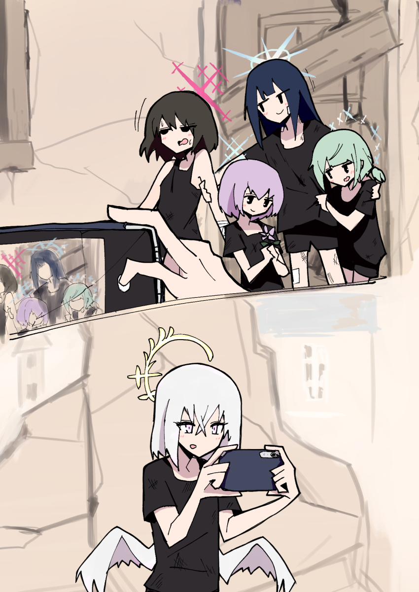 5girls aged_down angel_wings arius_squad_(blue_archive) atsuko_(blue_archive) azusa_(blue_archive) blue_archive blue_halo feathered_wings halo highres hiyori_(blue_archive) holding holding_phone misaki_(blue_archive) multiple_girls phone saori_(blue_archive) wings