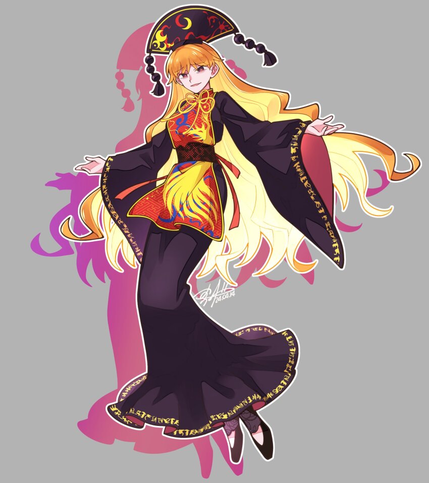 1girl animal_print arms_up belt bird_print black_belt black_dress black_hat black_shoes blonde_hair breasts chinese_clothes colored_inner_hair commentary_request crescent crescent_print dated dress flats flying full_body grey_background hair_between_eyes hat highres junko_(touhou) long_hair long_sleeves looking_at_viewer mandarin_collar medium_breasts multicolored_hair neck_ribbon open_mouth orange_hair phoenix_crown phoenix_print pink_eyes pom_pom_(clothes) red_ribbon red_tabard ribbon shadow shikido_(khf) shoes signature simple_background smile solo tabard tassel touhou wavy_hair wide_sleeves yellow_ribbon