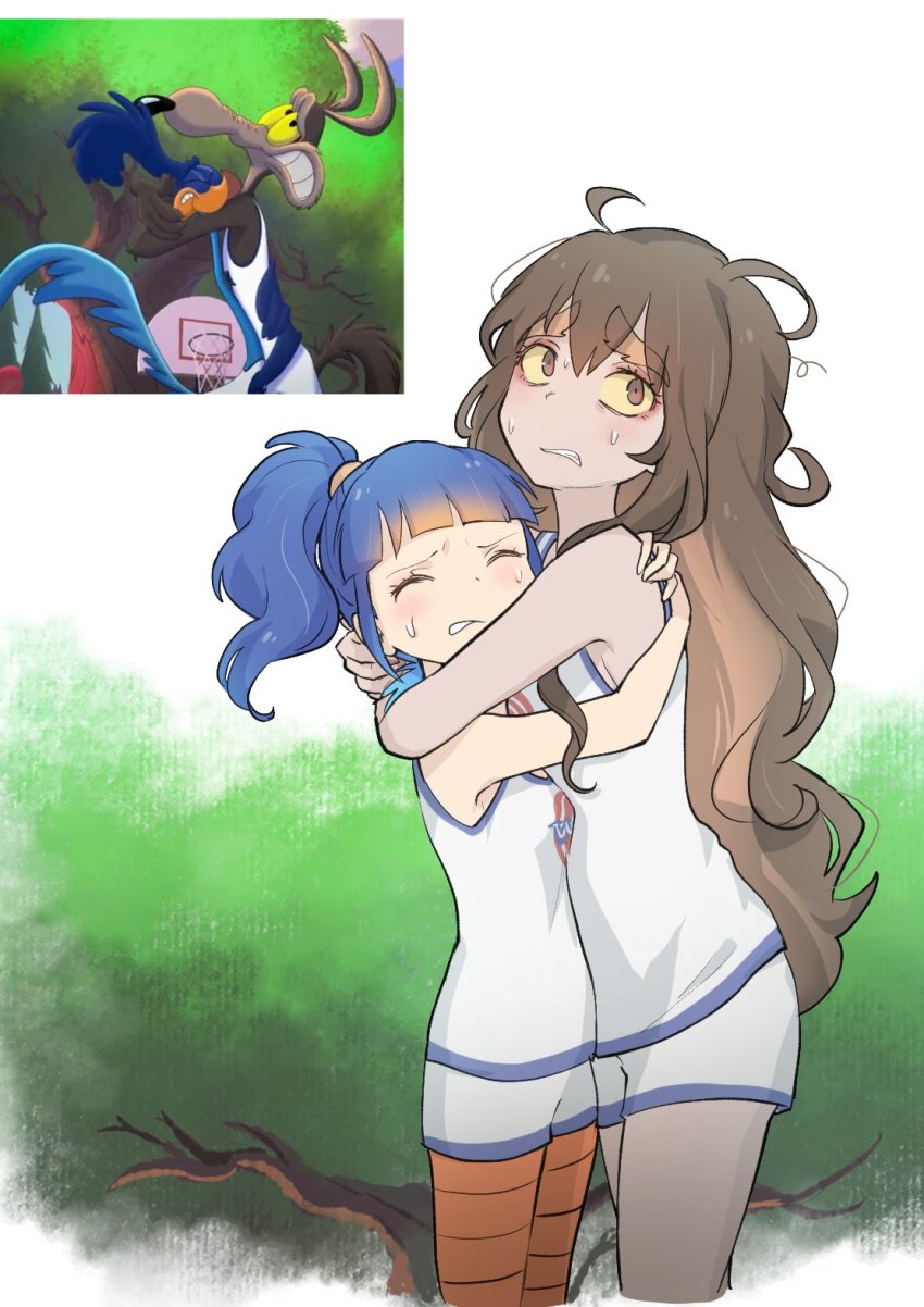 2boys 2girls basketball_hoop basketball_uniform bird blue_hair brown_eyes brown_hair colored_sclera commentary coyote closed_eyes genderswap genderswap_(mtf) highres himuhino hug looney_tunes messy_hair multiple_boys multiple_girls pantyhose personification photo_inset ponytail reference_inset road_runner_(looney_tunes) space_jam:_a_new_legacy sportswear sweat wile_e_coyote yellow_sclera