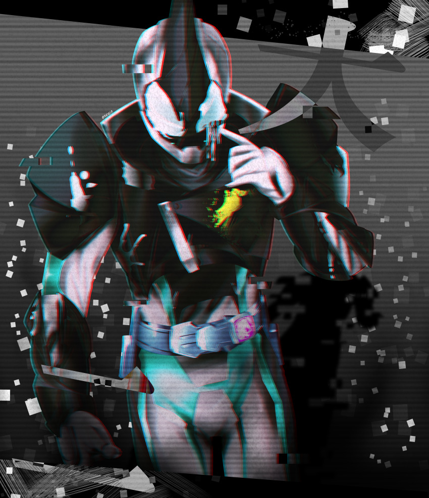 1boy absurdres aqua_eyes armor bat_(animal) bat_genome black_armor blue_eyes distortion rider_belt evilblade gloves highres holding holding_weapon horns kamen_rider kamen_rider_evil kamen_rider_revice looking_at_viewer male_focus reiei_8 rider_belt single_horn splatter splatter_print sword tokusatsu two_sidriver vistamp weapon