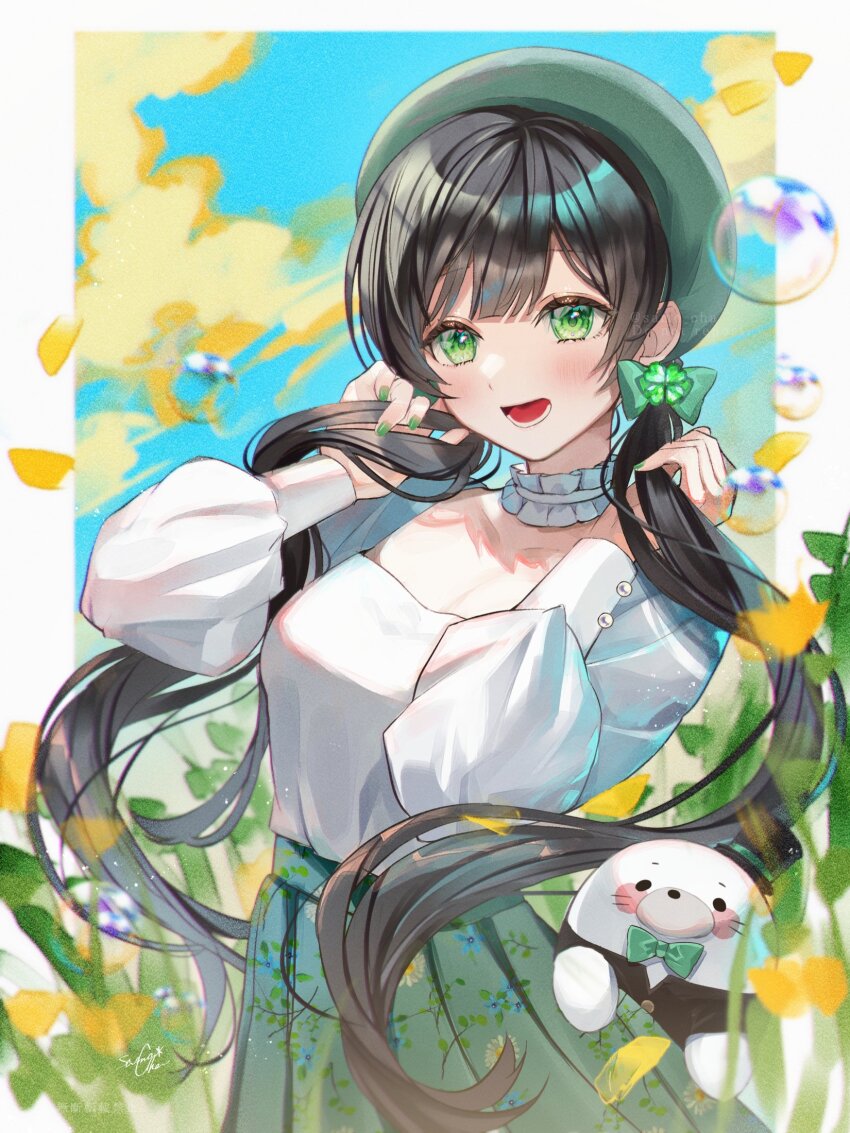 1girl aiceclass beret black_hair blush bow bubble commission green_bow green_eyes green_hat green_nails green_skirt hair_bow hat highres kotoha_(aiceclass) long_hair open_mouth pleated_skirt samo_cha shirt skeb_commission skirt smile solo twintails virtual_youtuber white_shirt