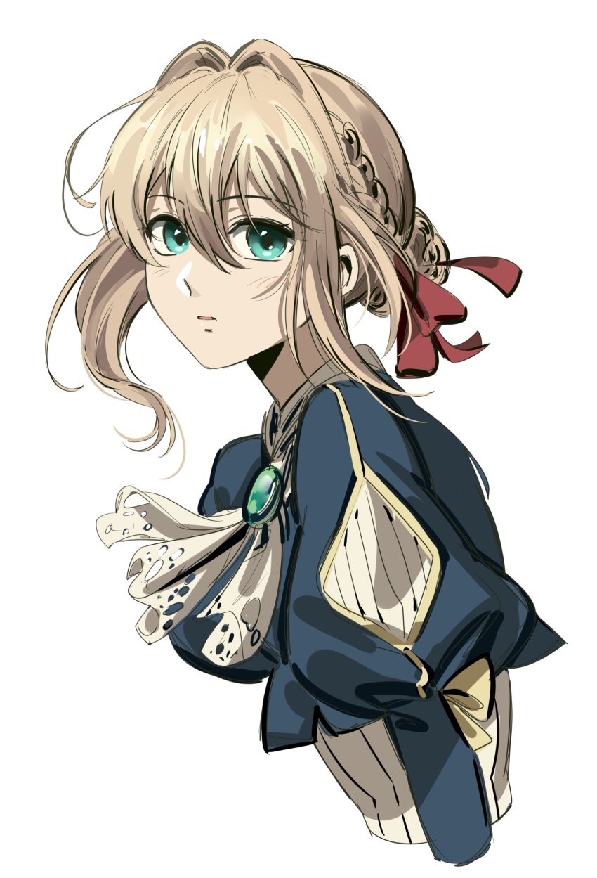 1girl absurdres ascot blonde_hair braid brooch gem green_gemstone hair_between_eyes hair_ribbon highres jewelry looking_at_viewer puffy_sleeves red_ribbon ribbon solo uneasywolf violet_evergarden violet_evergarden_(series) white_ascot