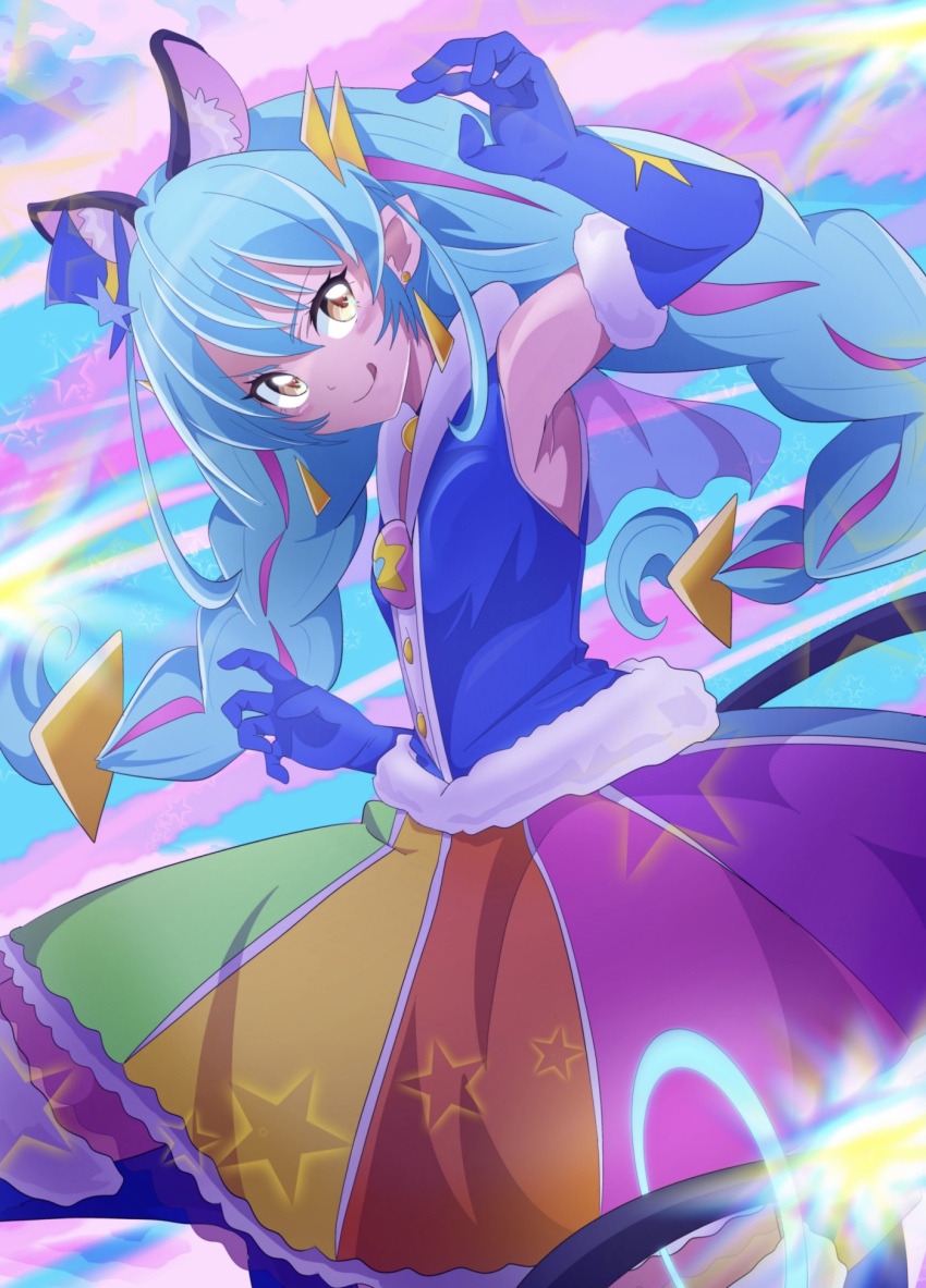 1girl :q animal_ears blue_boots blue_gloves blue_hair blue_hat blue_shirt boots braid brooch cat_ears cat_girl cat_tail claw_pose closed_mouth commentary_request cure_cosmo earrings elbow_gloves fur-trimmed_boots fur-trimmed_gloves fur-trimmed_shirt fur_trim gloves hair_ornament hat head_tilt highres jewelry leg_up long_hair looking_at_viewer medium_skirt mini_hat mini_top_hat mochi_curry multicolored_background multicolored_hair multicolored_skirt partial_commentary pink_hair pointy_ears precure shirt skirt sleeveless sleeveless_shirt smile solo standing standing_on_one_leg star_brooch star_twinkle_precure streaked_hair tail thigh_boots tilted_headwear tongue tongue_out top_hat twin_braids two-tone_hair yellow_eyes yuni_(precure)