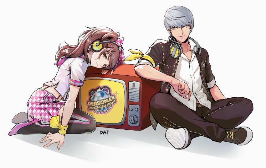 1boy 1girl absurdres black_footwear black_jacket black_pants black_thighhighs brown_hair da-cart grey_background grey_eyes grey_hair high_heels highres indian_style jacket kujikawa_rise midriff miniskirt narukami_yu open_clothes open_jacket pants persona persona_4 persona_4:_dancing_all_night persona_dancing pink_shoes pink_skirt shirt shoes short_hair short_sleeves simple_background sitting skirt television thighhighs white_shirt