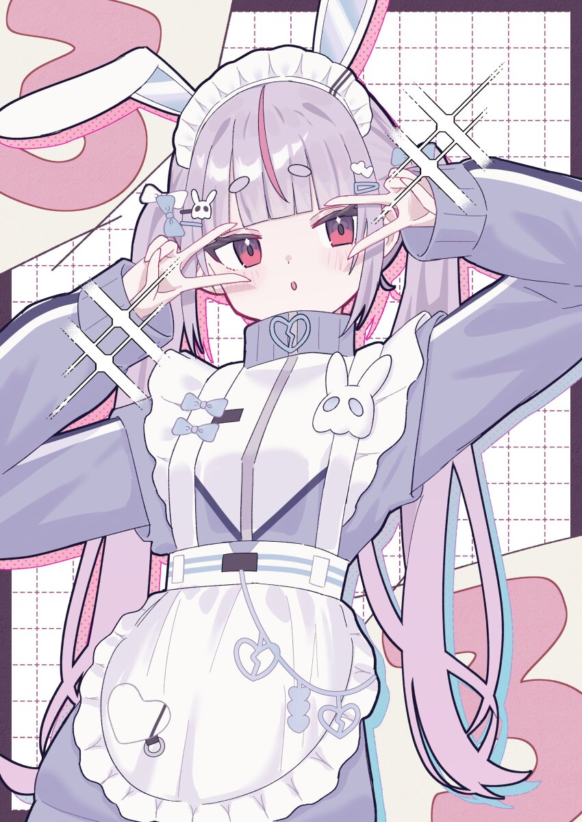 1girl absurdres animal_ear_hairband animal_ears apron blunt_bangs cattleya_regina_games double_v fake_animal_ears gradient_hair grey_jacket grid_background hair_ornament hairband hairpin highres jacket jersey_maid long_sleeves looking_at_viewer maid maid_apron maid_headdress multicolored_hair multiple_hairpins open_mouth rabbit_ears red_eyes shimoyake_(lethal_penguin) solo streaked_hair thick_eyebrows tosaki_mimi track_jacket twintails unconventional_maid upper_body v v_over_eye virtual_youtuber vspo!