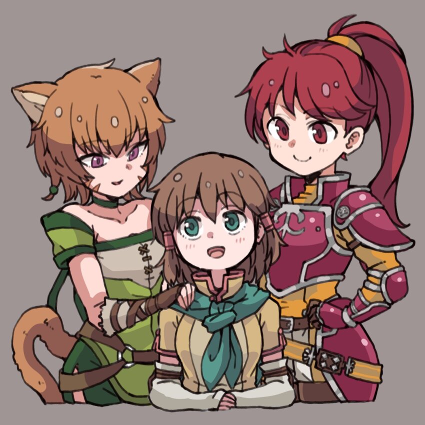 3girls animal_ears armor belt blue_scarf breastplate brown_belt brown_hair cat_ears cat_girl cat_tail choker elbow_pads es_(eisis) facial_mark fire_emblem fire_emblem:_path_of_radiance fire_emblem:_radiant_dawn green_choker green_shorts hair_tie hair_tubes hand_guard highres jill_(fire_emblem) laguz_(fire_emblem) lethe_(fire_emblem) looking_at_another messy_hair mist_(fire_emblem) multiple_girls nintendo o-ring o-ring_belt open_mouth orange_tail pauldrons pink_armor ponytail purple_eyes red_eyes red_hair scarf shorts shoulder_armor side_slit side_slit_shorts simple_background smile tail whisker_markings