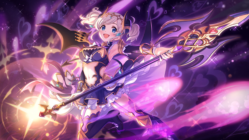 1girl akari_(princess_connect!) blue_eyes grey_hair holding holding_polearm holding_weapon horns medium_hair official_art polearm princess_connect! weapon