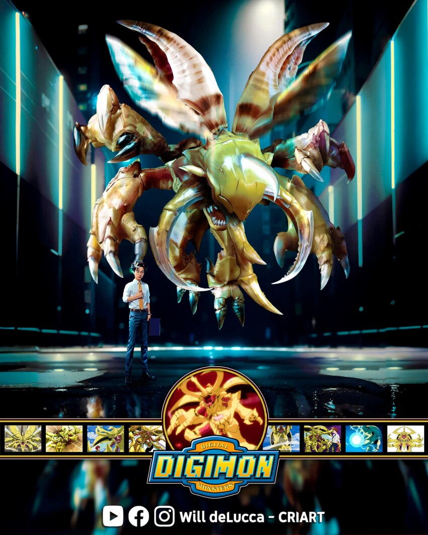 black_eyes brown_hair bug cosplay digimon digimon_(creature) exoskeleton heraklekabuterimon highres horns izumi_koshiro izumi_koshiro_(cosplay) rhinoceros_beetle sharp_teeth short_hair teeth