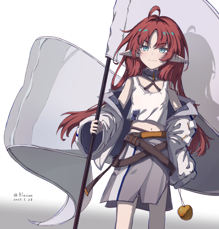 1girl absurdres ahoge aqua_eyes arknights bad_link bare_shoulders chinese_commentary commentary_request crop_top dated ear_piercing flag grey_skirt highres holding holding_flag jacket long_hair looking_at_viewer midriff myrtle_(arknights) navel off_shoulder parted_bangs piercing pointy_ears red_hair shadow skirt sleeveless solo standing tank_top white_background white_jacket white_tank_top yanyan_blazee