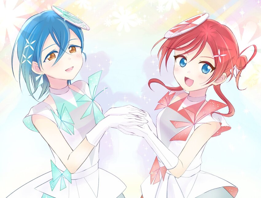 2girls :d aqua_dress blue_eyes blue_hair blush clothing_cutout commentary crossed_bangs dress elbow_gloves gloves green_dress hair_between_eyes hair_bun hair_ornament highres holding_hands looking_at_viewer love_live! love_live!_superstar!! mame_mochiko multicolored_dress multiple_girls official_alternate_costume open_mouth orange_eyes red_dress red_hair short_hair_with_long_locks shoulder_cutout single_side_bun sleeveless sleeveless_dress smile sparkle special_color_(love_live!) swept_bangs upper_body wakana_shiki white_background white_dress white_gloves x_hair_ornament yoneme_mei