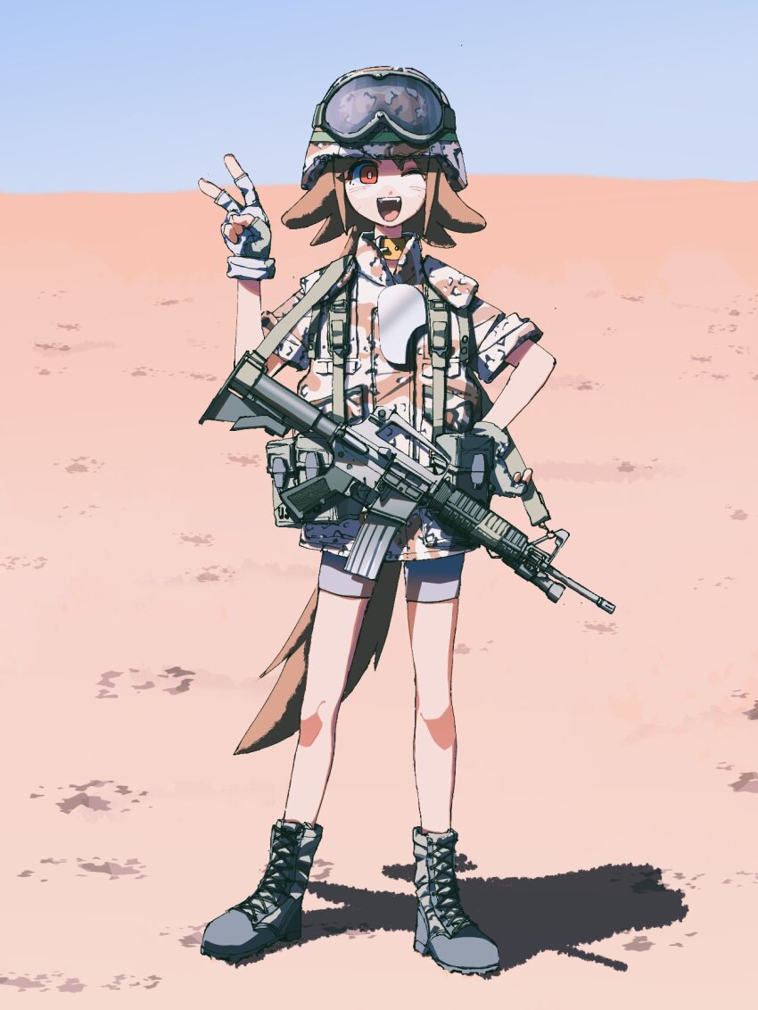 1girl animal_collar animal_ears assault_rifle blue_sky boots brown_jacket camouflage camouflage_jacket chest_rig collar combat_boots combat_helmet day desert desert_camouflage dog_ears dog_girl dog_tail fangs fingerless_gloves full_body gloves goggles goggles_on_headwear gulf_war gun hagetaro1221 hand_on_own_hip helmet highres horizon jacket looking_at_viewer m16 military_uniform one_eye_closed open_mouth orange_eyes original outdoors rifle shadow short_shorts short_sleeves shorts shoulder_strap sky sleeves_rolled_up smile soldier solo standing tail v weapon
