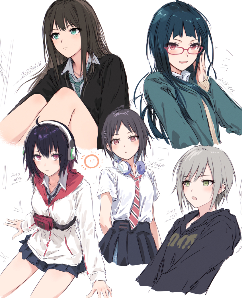 2025 5girls ahoge black_cardigan black_hoodie black_necktie blue_hair blue_skirt breasts brown_hair bullfalk cardigan character_request collared_shirt commentary_request copyright_request cropped_torso dated diagonal-striped_clothes diagonal-striped_necktie dress_shirt fanny_pack frown gakuen_idolmaster glasses green_eyes green_jacket green_necktie headphones headphones_around_neck highres hinomori_shiho hood hooded_jacket hoodie idolmaster idolmaster_cinderella_girls jacket long_hair mashiro_yu medium_breasts multiple_girls necktie open_mouth parted_lips pleated_skirt project_sekai red-framed_eyewear red_eyes red_necktie school_uniform shibuya_rin shirt short_hair simple_background skirt striped_clothes white_background white_jacket white_shirt
