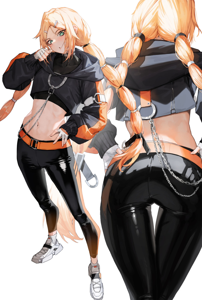 1girl absurdres ass belt black_pants black_survival blonde_hair blue_eyes chain covered_collarbone crop_top fingerless_gloves gloves hair_ornament hairclip hand_on_own_hip head_tilt highres hood hood_down hoodie legs_apart long_hair long_sleeves looking_at_viewer midriff multi-tied_hair multiple_views navel nicky_blake o-ring pants shoes simple_background skin_tight socks standing thigh_gap thumb thumb_to_mouth toned tunamayo_(dsasd751) twintails very_long_hair white_background white_footwear white_gloves white_legwear