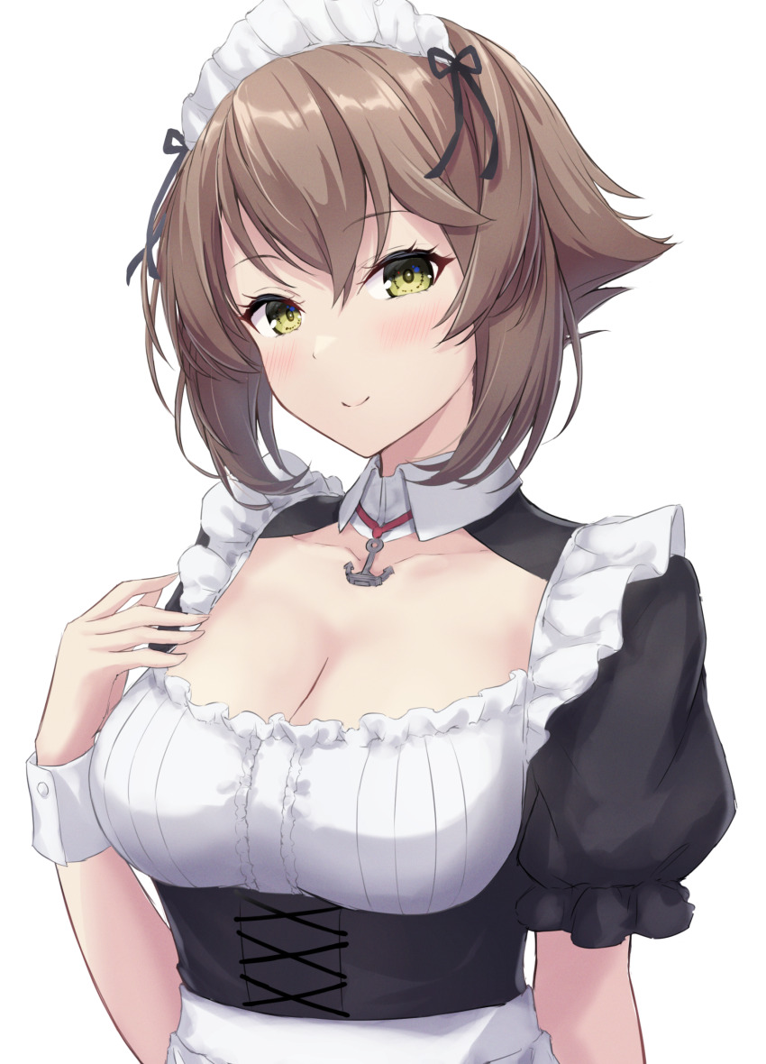 1girl absurdres alternate_costume blush breasts brown_hair cleavage closed_mouth collarbone enmaided green_eyes hair_between_eyes highres kantai_collection large_breasts looking_at_viewer maid maid_headdress monoku mutsu_(kancolle) short_hair short_sleeves simple_background smile solo upper_body white_background wrist_cuffs