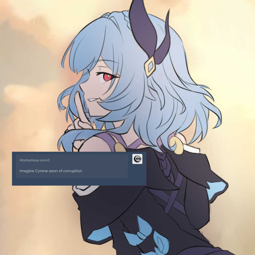 1girl alternate_hair_color black_jacket blue_hair cyrene_(honkai:_star_rail) grin hair_ornament hand_up herrscher_of_corruption highres honkai:_star_rail honkai_(series) honkai_impact_3rd index_finger_raised inoue_marina jacket kursed_tea looking_at_viewer red_eyes request_inset short_hair smile solo upper_body yanning