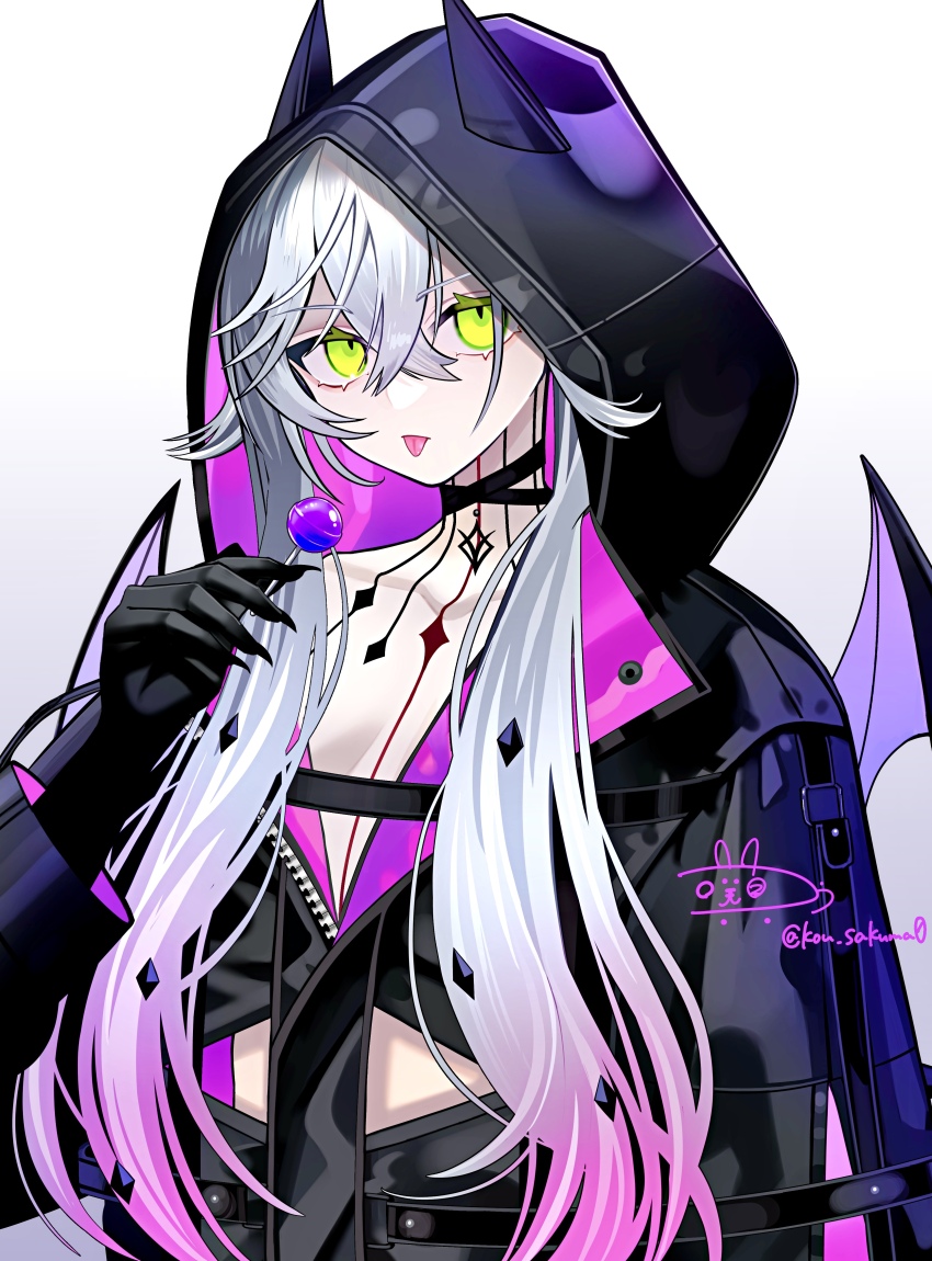 1girl absurdres black_jacket body_markings breasts candy choker crossed_bangs demon_girl demon_horns demon_wings ear_piercing fate/grand_order fate_(series) food green_eyes grey_hair hair_between_eyes highres hood horns jacket lilith_(fate) lilith_(first_ascension)_(fate) lollipop long_hair long_sleeves looking_at_viewer medium_breasts piercing revision sakuma_kou sidelocks solo tongue tongue_out wings