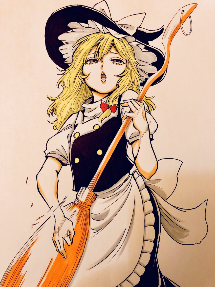 1girl air_guitar apron black_hat black_skirt black_vest blonde_hair breasts brooch broom broom_guitar commentary_request hat highres holding holding_broom jewelry kirisame_marisa long_hair puffy_short_sleeves puffy_sleeves s590220 shirt short_sleeves single_sidelock skirt small_breasts solo touhou traditional_media turtleneck unconventional_guitar vest waist_apron white_apron white_shirt witch_hat yellow_eyes