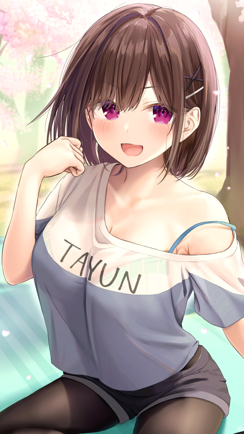 1girl :d armpit_crease black_pantyhose black_shorts blush bra_strap breasts brown_hair childhood_friend-chan_(ramchi) cleavage collarbone hair_ornament hairclip highres large_breasts looking_at_viewer medium_hair off_shoulder open_mouth original pantyhose purple_eyes ramchi shirt short_shorts short_sleeves shorts single_bare_shoulder smile strap_slip swept_bangs white_shirt x_hair_ornament