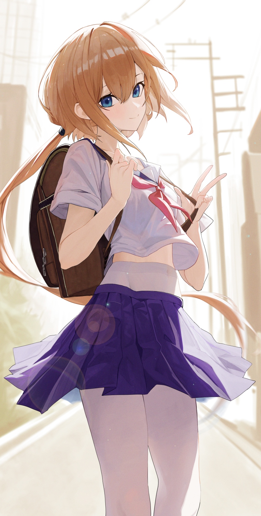 1girl absurdres backlighting backpack bag blonde_hair blue_eyes blurry brown_bag building closed_mouth collarbone covered_navel cowboy_shot crop_top cropped_shirt day depth_of_field double-parted_bangs floating_clothes hair_between_eyes hair_tie hands_up highres lens_flare long_bangs long_hair looking_at_viewer midriff neckerchief original outdoors pink_neckerchief pleated_skirt ponytail power_lines purple_sailor_collar purple_skirt re_naya sailor_collar school_uniform serafuku shirt short_sleeves sidelocks skirt skyscraper sleeves_rolled_up smile standing sunlight utility_pole v white_shirt zipper_pull_tab
