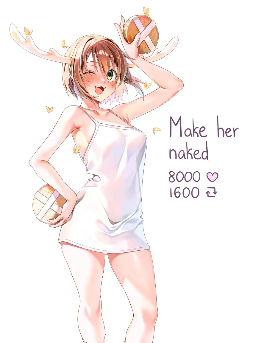 1girl :3 :d absurdres antlers arm_up blush breasts brown_hair bug butterfly commentary cowboy_shot deer_antlers deer_cracker dress english_commentary english_text food green_eyes hand_on_own_hip highres holding holding_food horns insect large_breasts looking_at_viewer machulanko one_eye_closed open_mouth shikanoko_noko shikanoko_nokonoko_koshitantan short_hair simple_background smile solo standing thighs twitter_strip_game white_background white_dress