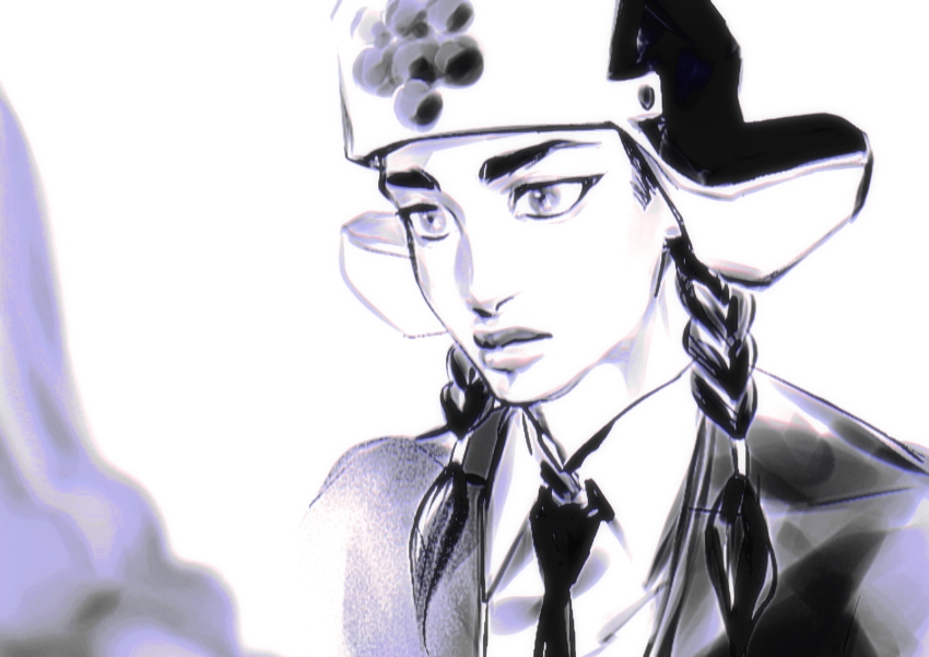 1boy absurdres braid collared_shirt commentary_request formal_clothes greyscale hat highres jacket jojo_no_kimyou_na_bouken jojolion lips male_focus mamezuku_rai monochrome necktie portrait shirt smoke solo suit twin_braids ushanka xiaorong