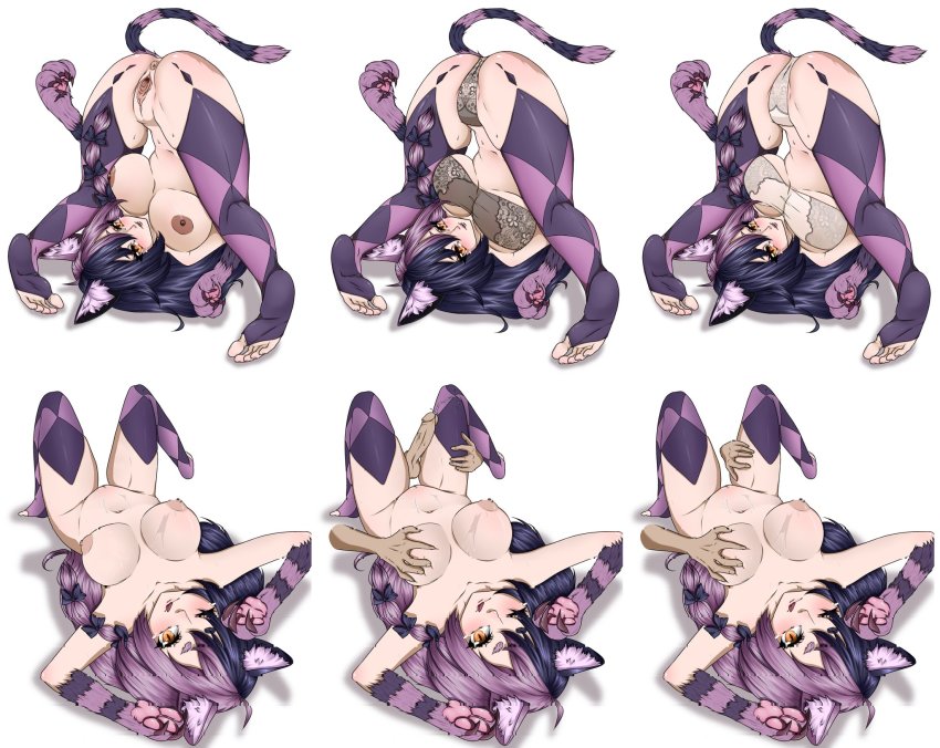 animal_ears anus black_lingerie bow bowtie breasts breasts_apart breasts_out cat_ears cat_girl cat_tail cheshire_cat_(monster_girl_encyclopedia) claws clitoris commission cum cum_on_body cum_on_breasts cum_on_upper_body dark-skinned_male dark_skin discord fangs fangs_out feet floral_print fur grabbing_another&#039;s_breast groping hair_bow highres invisible_man large_areolae large_breasts monster_girl monster_girl_encyclopedia monster_girl_encyclopedia_ii nipples open_mouth pawpads penis poses purple_fur purple_hair purple_thighhighs pussy self-upload tail thigh_grab thighhighs toes tongue tongue_out white_lingerie x_euphoria yellow_eyes
