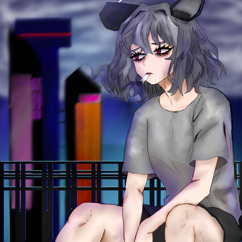 1girl animal_ears cigarette depressed grey_hair grey_shirt highres nazrin red_eyes sad shirt short_hair short_sleeves sitting smoking solo t-shirt touhou