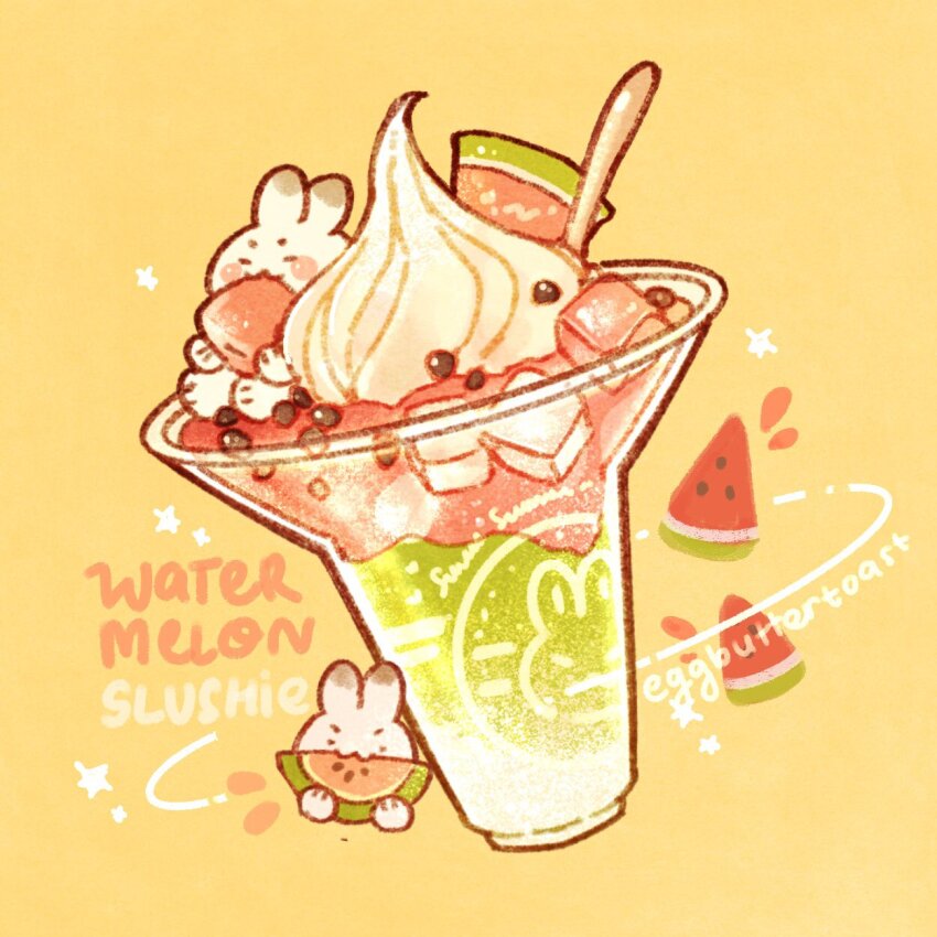 artist_name commentary eating english_commentary english_text food food_focus fruit highres ice ice_cube nao_(bestrollever) no_humans original oversized_food oversized_object rabbit simple_background slushie spoon star_(symbol) summer watermelon watermelon_seeds watermelon_slice whipped_cream yellow_background