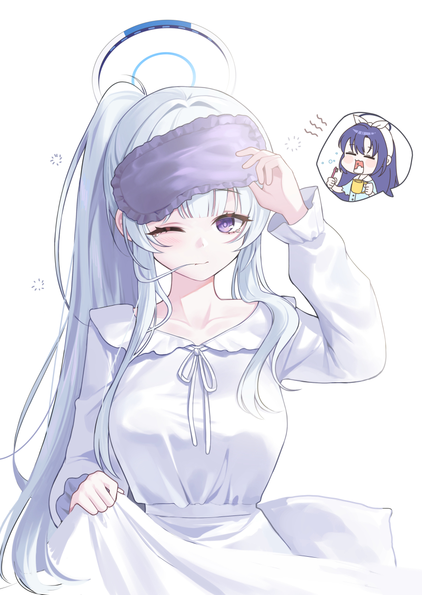 1girl ;| absurdres blue_archive breasts commentary cup ddungddang dress grey_hair halo highres holding holding_cup holding_toothbrush korean_commentary long_hair long_sleeves looking_at_viewer medium_breasts mouthwash noa_(blue_archive) noa_(pajamas)_(blue_archive) official_alternate_costume ponytail puffy_long_sleeves puffy_sleeves purple_hair simple_background sleep_mask sleepy spoken_character squeans tears toothbrush very_long_hair white_background white_dress yuuka_(blue_archive) yuuka_(pajamas)_(blue_archive)