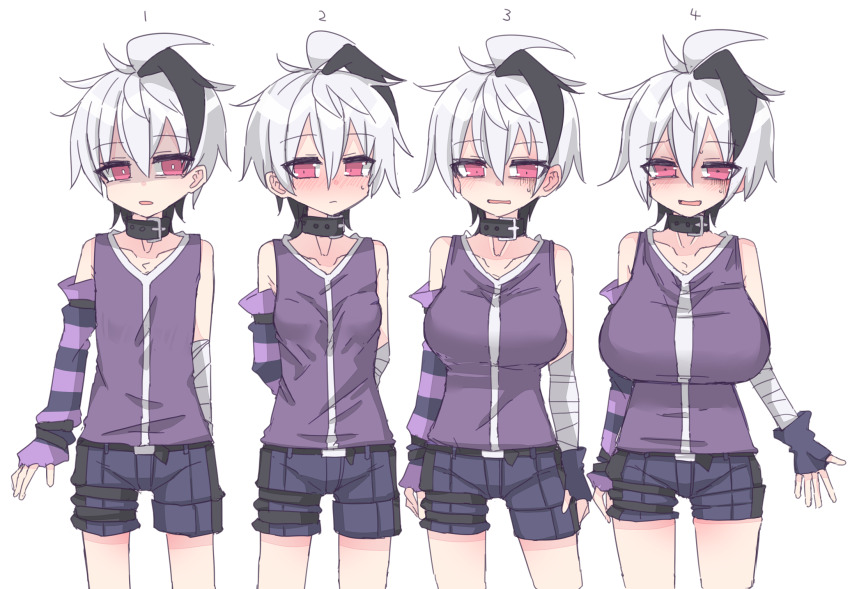 1girl alternate_breast_size arm_warmers arms_behind_back asymmetrical_gloves bandaged_arm bandages black_choker black_collar black_hair blush breast_expansion breasts breasts_focus choker closed_mouth collar collarbone flat_chest flower_(vocaloid) flower_(vocaloid4) gloves highres jacket large_breasts medium_breasts miri_(miri_1m) multicolored_hair open_mouth pink_eyes purple_arm_warmers purple_gloves purple_jacket purple_shorts shorts simple_background single_arm_warmer sleeveless sleeveless_jacket streaked_hair striped_arm_warmers tomboy vocaloid wavy_hair white_background white_hair