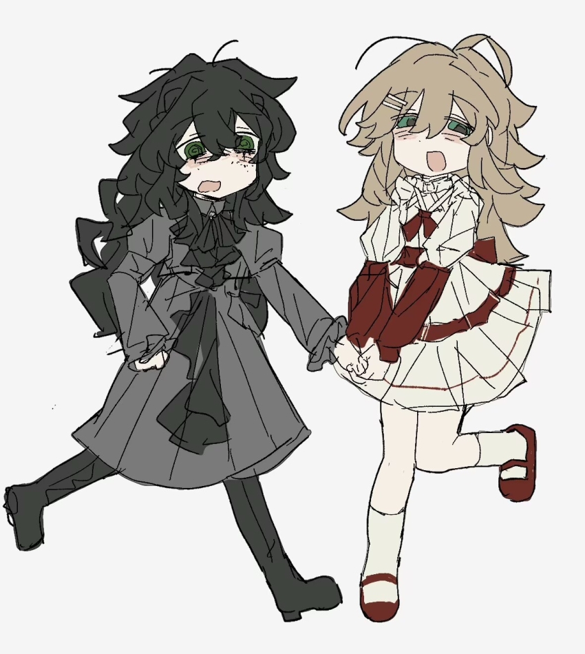 2girls @_@ ahoge ascot black_ascot black_boots black_hair blonde_hair boots bow chinese_commentary commentary_request degrees_of_lewdity dress freckles full_body green_eyes grey_dress hair_between_eyes hair_ornament hairclip hand_grab highres jiuxi526 kylar_(degrees_of_lewdity) kylar_(female)_(degrees_of_lewdity) leg_up long_hair long_sleeves mary_janes multiple_girls open_mouth player_character_(degrees_of_lewdity) player_character_(female)_(degrees_of_lewdity) red_bow red_shoes shoes simple_background smile socks tareme white_background white_dress white_socks
