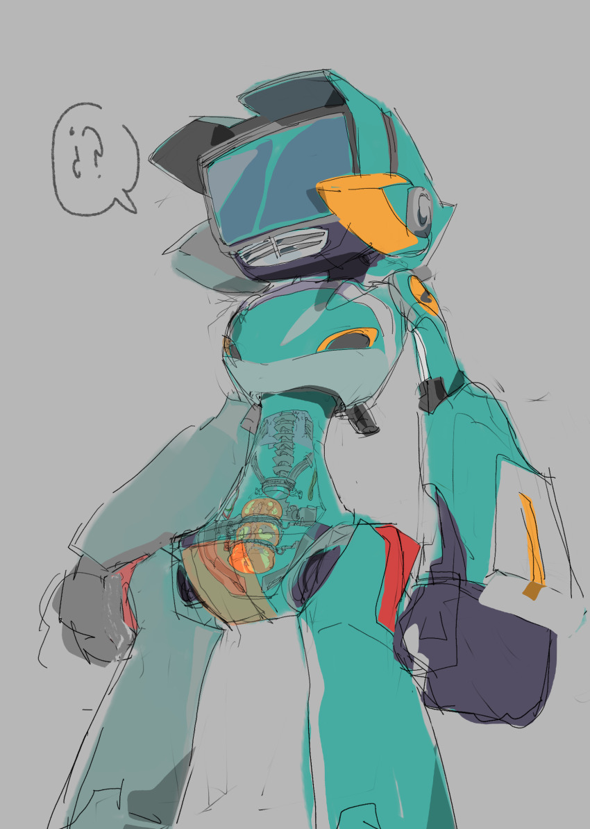 ? ?? armor artificial_vagina canti cowboy_shot english_text flat_color flcl green_armor grey_background highres humanoid_robot mechabare mechanical_pussy mechanical_spine monitor omg_key partially_colored robot screen sex_toy sketch speech_bubble wire x-ray