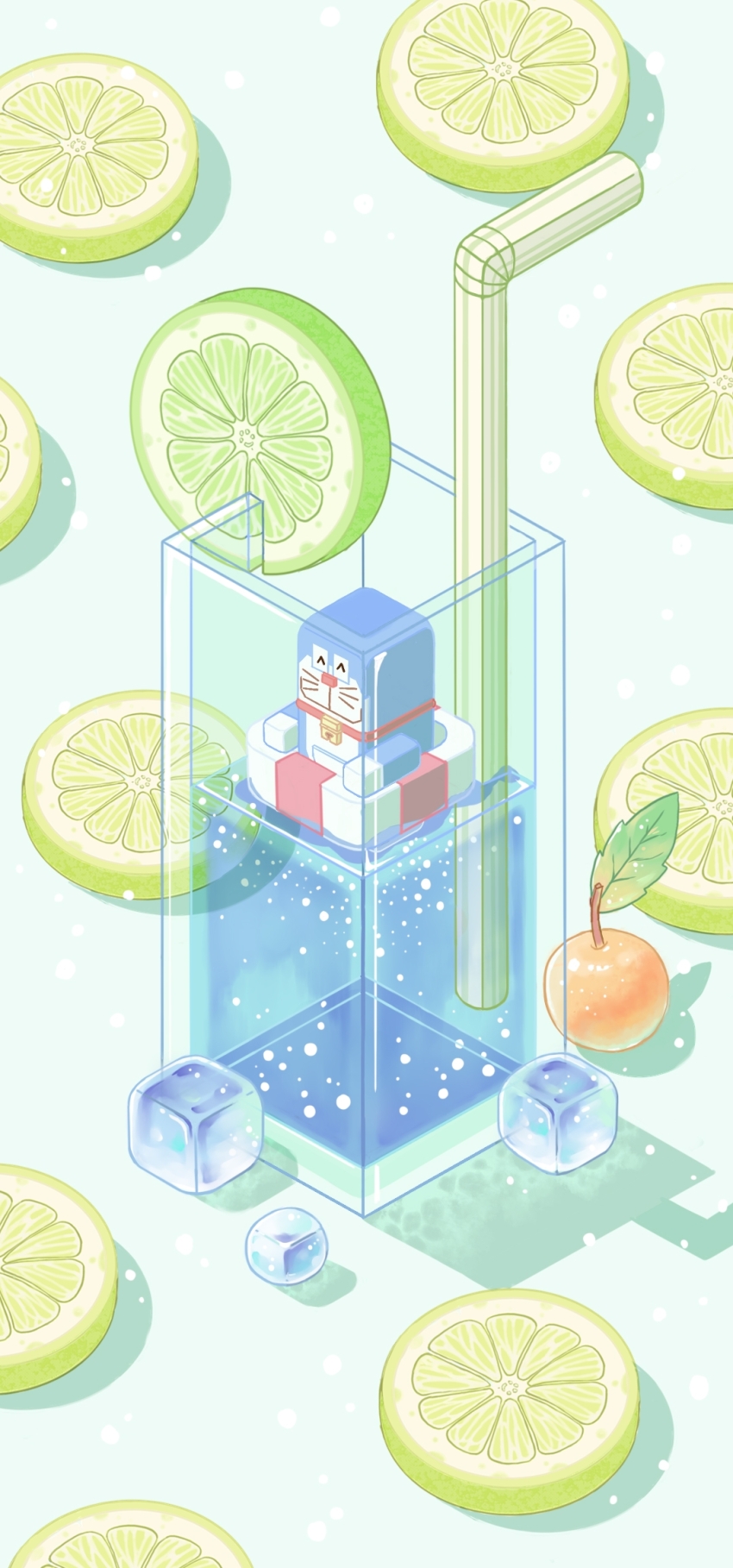 ^_^ animal_collar banban953 bell blue_background cat cherry chinese_commentary closed_eyes closed_mouth collar commentary_request cup doraemon doraemon_(character) drinking_straw food fruit happy highres ice ice_cube in_container in_cup lifebuoy light_particles lime_(fruit) lime_slice minecraft neck_bell no_humans parody red_collar shadow smile style_parody swim_ring