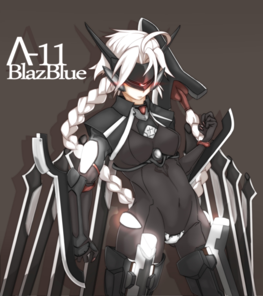 1girl ahoge android blazblue blonde_hair bodysuit braid female_focus full_body hair_ornament hair_weapon highres lambda-11 long_hair mask mecha_musume red_eyes robot_ears single_braid single_eye solo thighhighs very_long_hair visor weapon wings